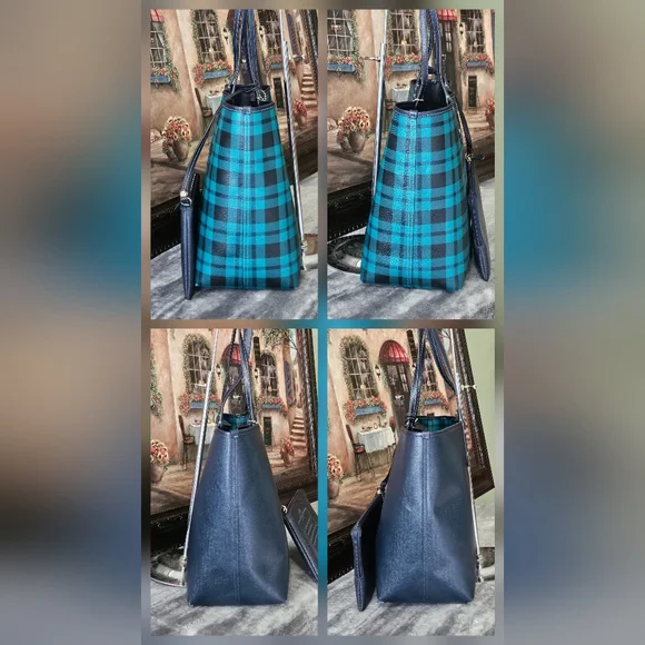 Coach Reversible City Tote In Riley Plaid/Blue With Pouch - Picture 5 of 10